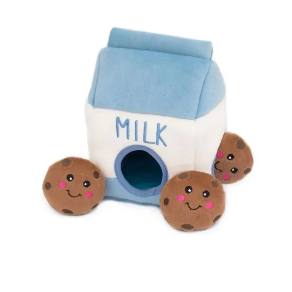 Zippy Paw Milk and Cookies Blue White Brown Interactive Puzzle Plush Dog Toy